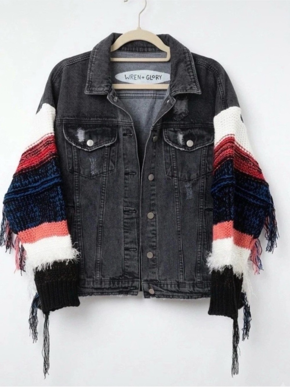 Wren + Glory Black Denim Jacket with Multicolor Knit Sleeve - OVERSIZED SMALL